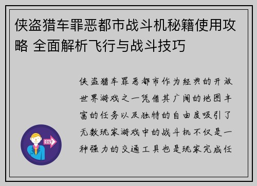 侠盗猎车罪恶都市战斗机秘籍使用攻略 全面解析飞行与战斗技巧