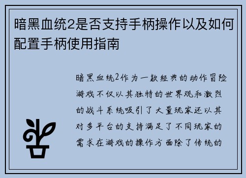 暗黑血统2是否支持手柄操作以及如何配置手柄使用指南